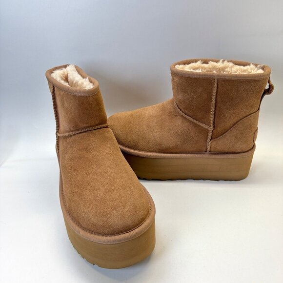 UGG Classic Mini Platform Chestnut Suede Boots Women Size 7 - Picture 2 of 11